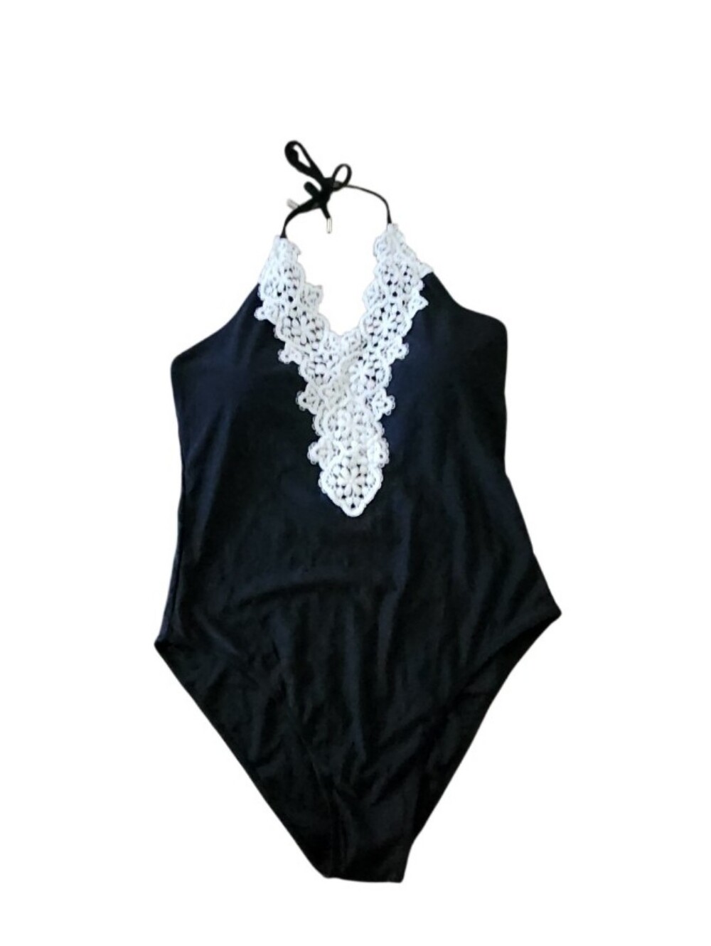 Black One-Piece Swimsuit with White Crochet V-Neck Sz XXL